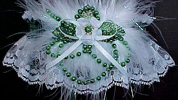 Deluxe Garter w/ Colored Pearl and Band or Trim & Marabou Feathers on White Lace for Wedding Bridal or Prom
