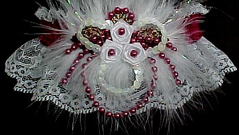 Deluxe Opalescent with Sequin Garter with Colored Band or Trim and Marabou Feathers on White Lace for Wedding Bridal or Prom.