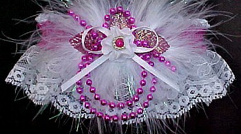 Deluxe Colored Pearls Garter w/ Colored Band or Trim & Marabou Feathers on White Lace for Wedding Bridal or Prom