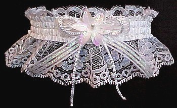 Unique Wedding Garter. Opalescent Wedding Gown Band with Opal Cording Mini Bow on white lace. garter, garders, garder