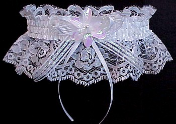Unique Bridal Garter. Opalescent Wedding Gown Band with White Satin Mini Bow on white lace. garter, garders, garder