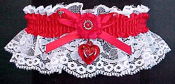 Red Heart Charm Garter on White Lace for Valentine Prom Wedding Bridal