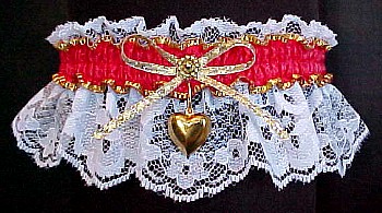 Fancy Bands™ Red & White Garter w/ Gold Puffed Heart Charm on White Lace for Wedding Bridal Prom Valentine