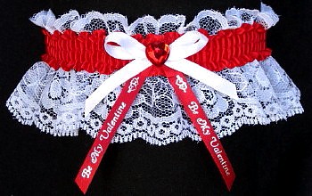 Be My Valentine Garter in White Lace with Red Rhinestone Heart. garder