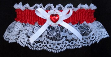 Red Rhinestone Heart Garter on White Lace for Wedding Bridal Prom Valentine