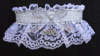 Silver Chain Mail Biker Bands™ Garter with a motorcycle charm. Biker Bands™ Motorcycle Garters. garter, garders, garder
