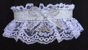 Silver Chain Mail Biker Bands Garter with a motorcycle charm. Biker Bands Motorcycle Garters. garter, garders, garder