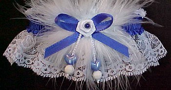 Double Hearts Garter w/ Colored Band or Trim and Marabou Feathers on White Lace for Wedding Bridal or Prom
