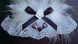 White and Black Garter with Aurora Borealis Hearts and Marabou feathers for Wedding Bridal or Prom.