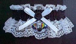 White and Black Garter with Aurora Borealis Hearts for Wedding Bridal or Prom.
