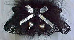 Black and Silver Garter with Silver Double Hearts Silver Metallic Bow with Marabou Feathers. Prom Garter - Wedding Garter - Bridal Garter