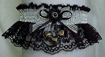 Garter with Sleigh Bells and Silver Metallic Fancy Bands on Black Lace. Winter Wedding Garter. Winter Formal Garter. Winter Ball Garter. garders, garder