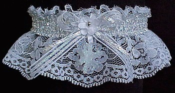 Snowflake Garter with Silver Metallic Fancy Bands on White Lace. Winter Wedding Garter. Winter Formal Garter. Winter Ball Garter. garders, garder