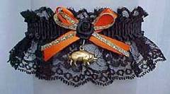 Biker Bands Motorcycle Garter in Black and Orange with a Gold Hog Charm. Biker Bands Hog Garter. garter, garders, garder