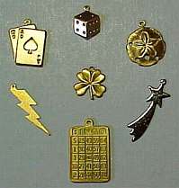 Lucky Gambling Charms, Black Jack Cards, Dice, Sand Dollar, Lightening Bolt, 4-Leaf Clover, Shooting Star, Bingo Card