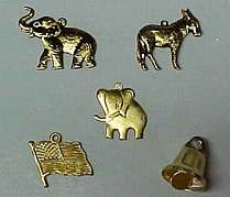 Political Charms. Elephant, Donkey, Flag, Liberty Bell